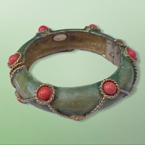 KJL Coral Glass & Green Enamel Mongul Clamper Bracelet c. 1960’s